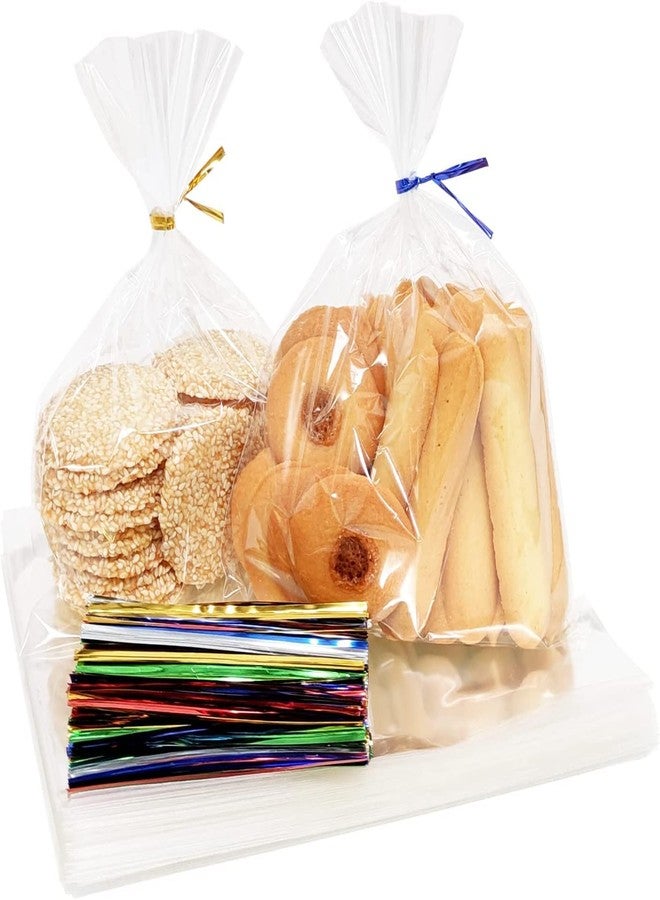 XLSFPY 100PCS Cellophane Bags 6x9 inches, Clear Treat Bags with 4’’ Twist Ties, Plastic Cello Bags - 1.4 mils Thick OPP Rice Crispy Bags for Gift Goodie Favor Candy Cake Pop Birthday Party Cookies (6’’ x 9’’) - Image 1